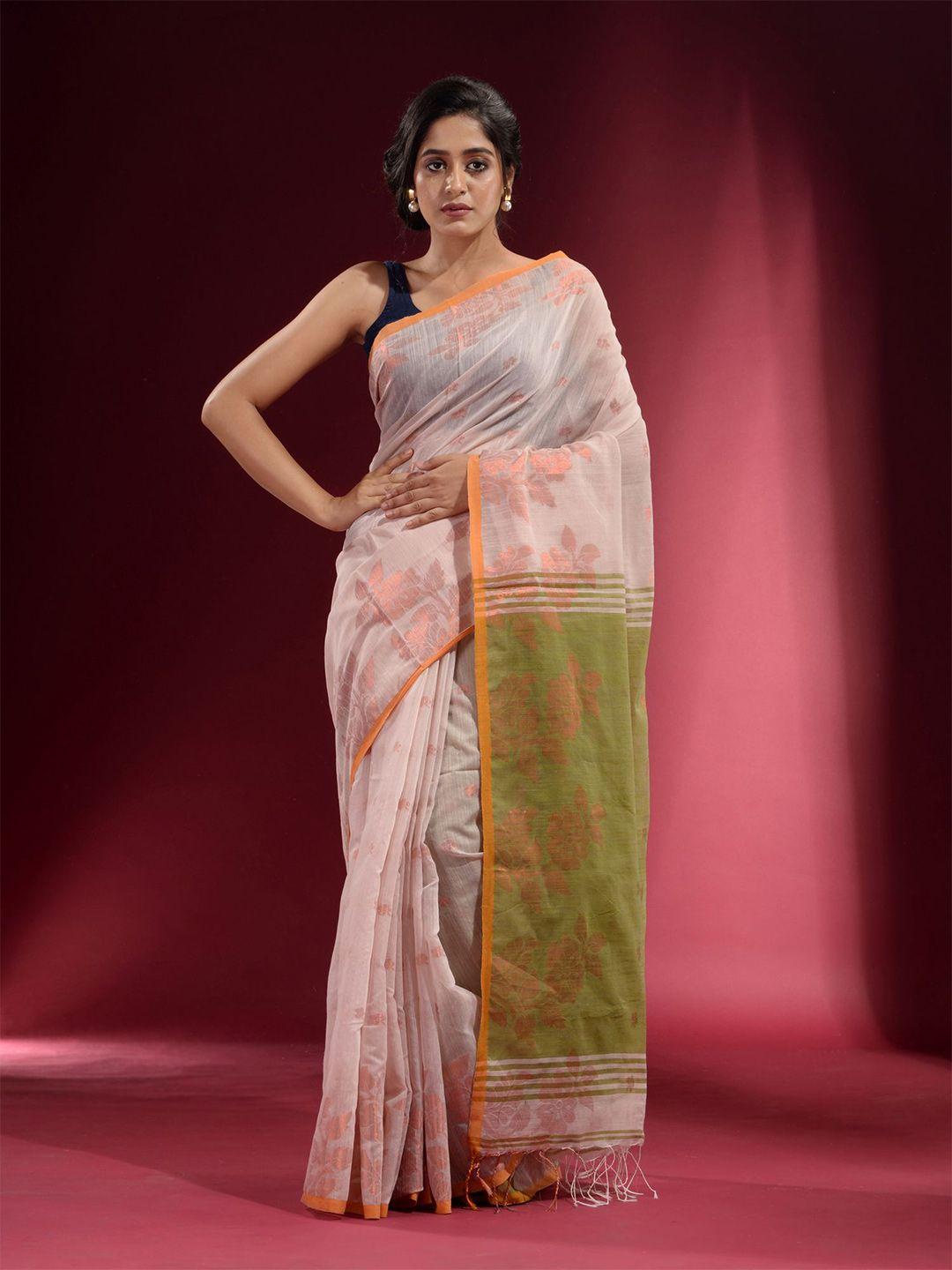 charukriti women off white & green floral zari pure cotton saree