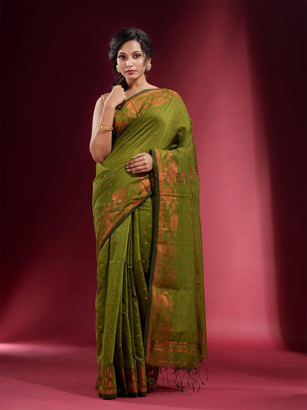 charukriti women olive green & copper-toned woven design zari pure cotton saree