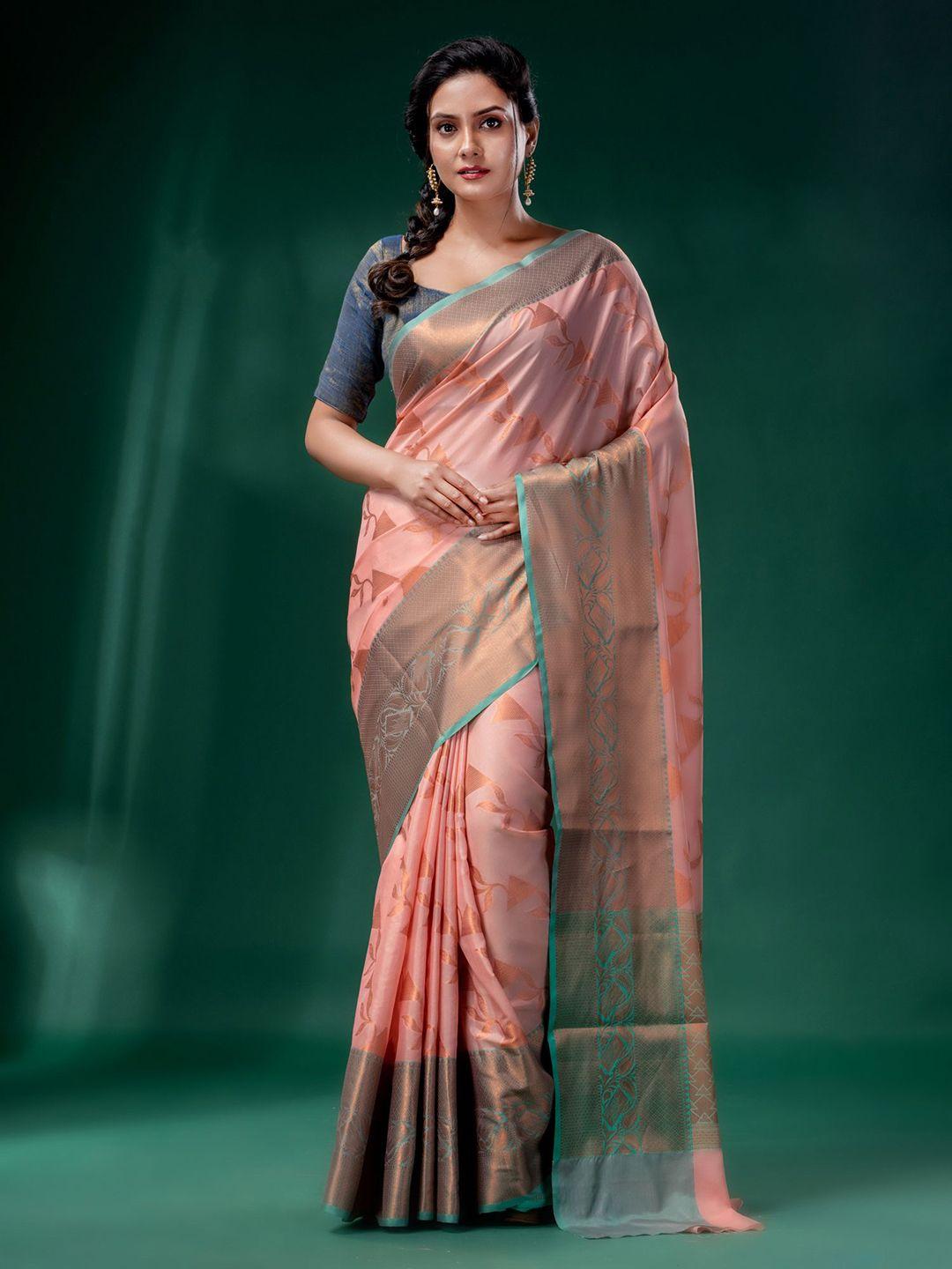 charukriti women pink & gold-toned woven design handloom zari silk cotton saree