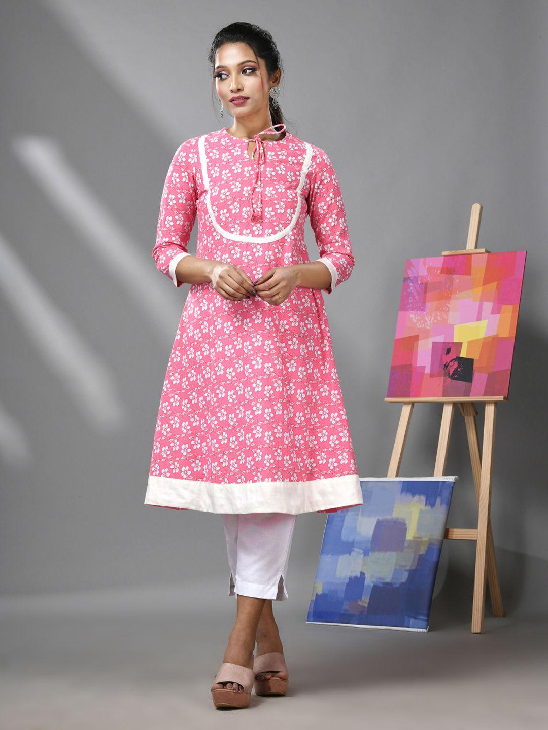 charukriti women pink floral printed regular pure cotton kurta with trousers