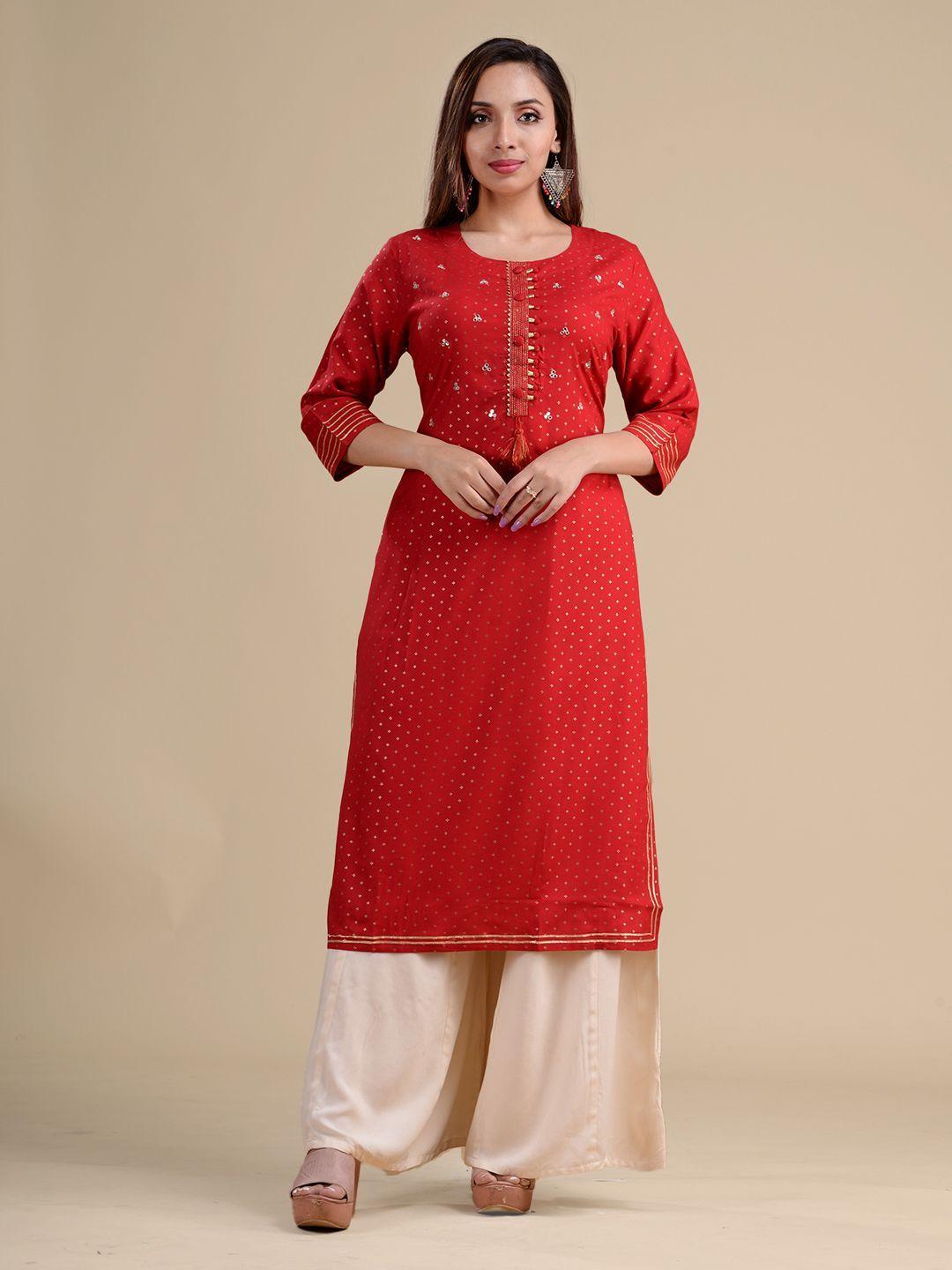 charukriti women red & gold embroidered cotton straight kurta