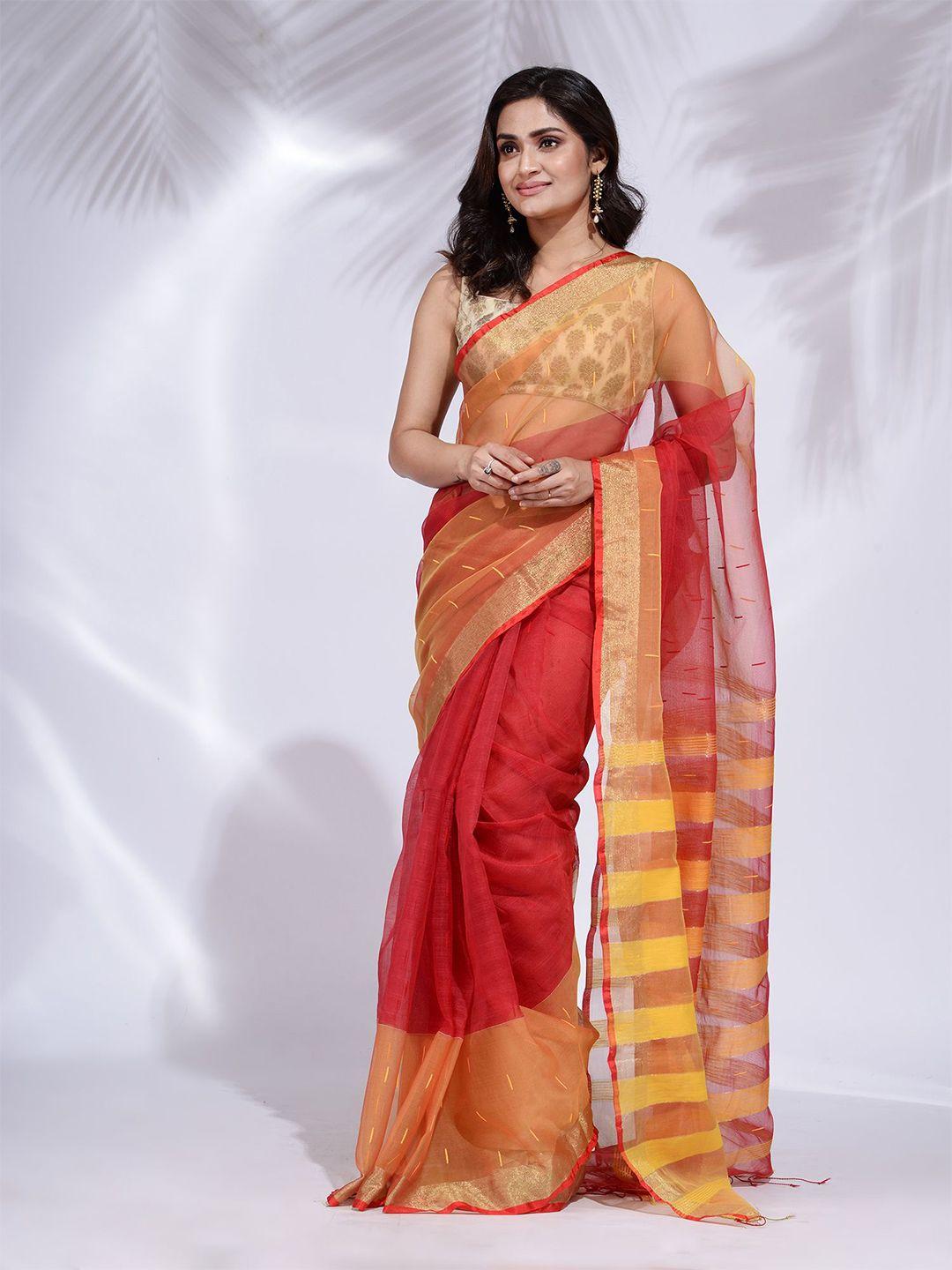 charukriti women red & yellow woven design cotton blend saree