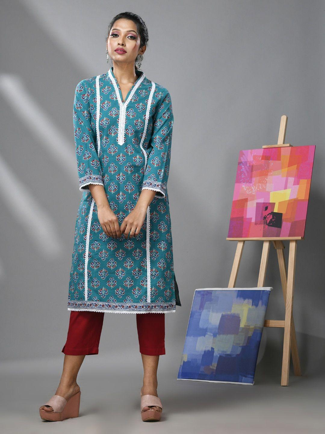 charukriti women sea green floral printed regular pure cotton kurta with trousers