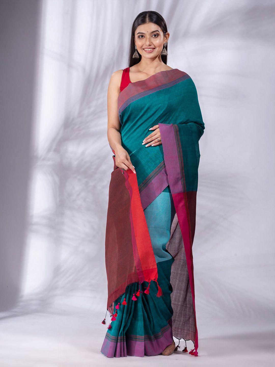 charukriti women teal & red colourblocked pure cotton saree