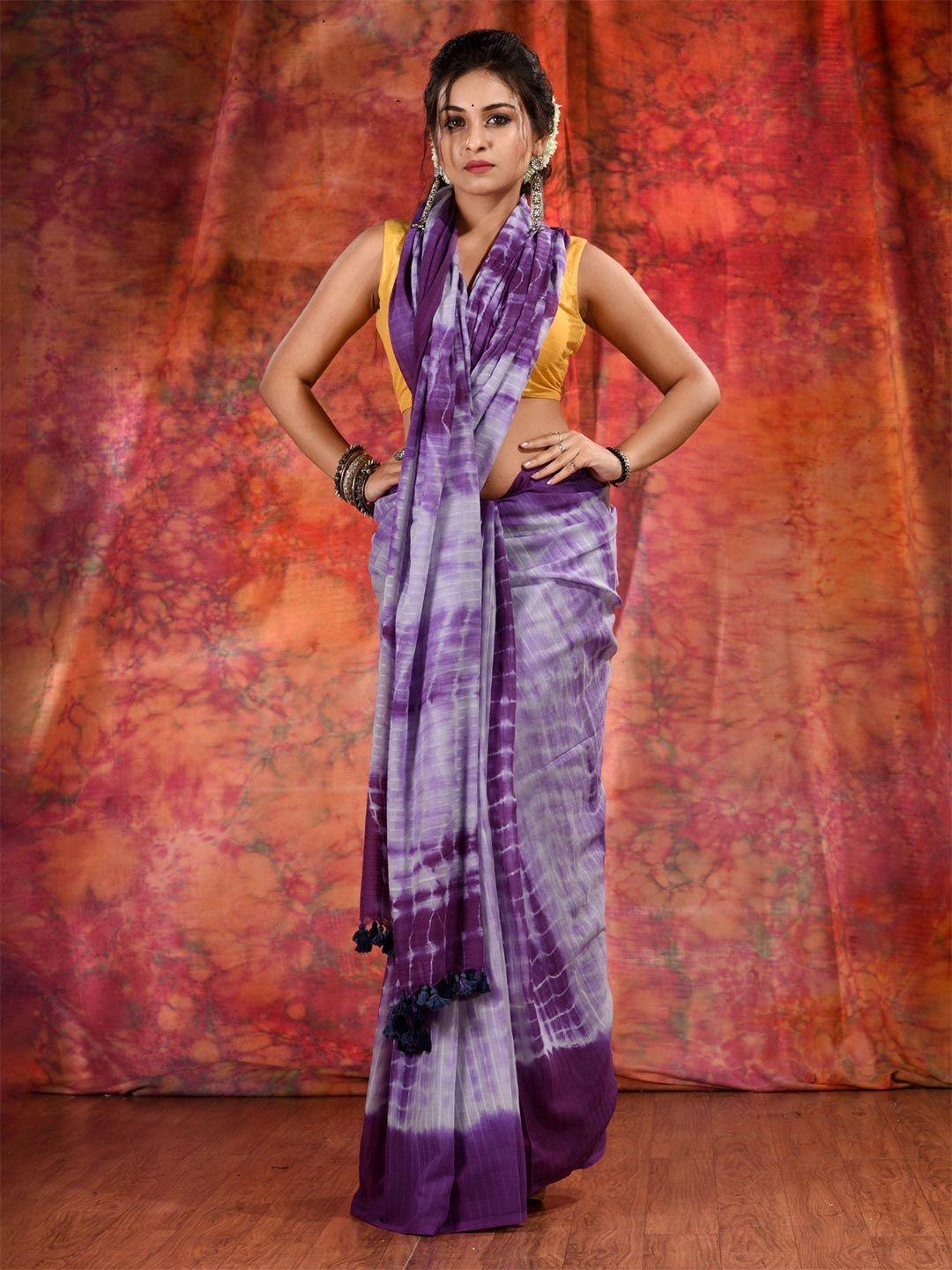 charukriti women violet & white tie and dye pure cotton saree