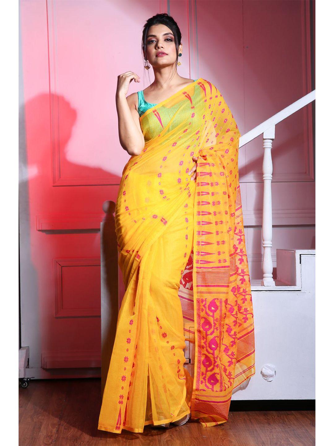 charukriti women yellow woven design silk cotton jamdani saree