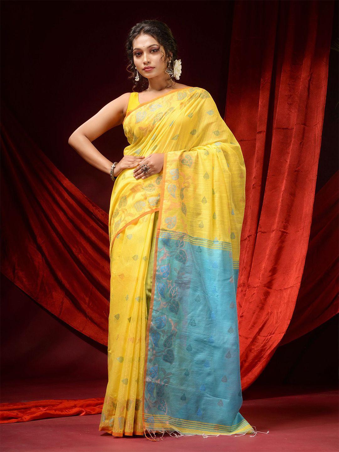 charukriti yellow & blue ethnic motifs pure cotton saree