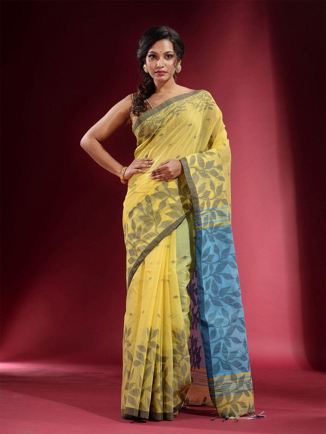charukriti yellow & blue floral printed pure cotton saree