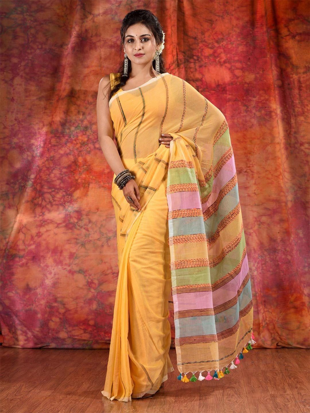 charukriti yellow & blue striped pure cotton saree