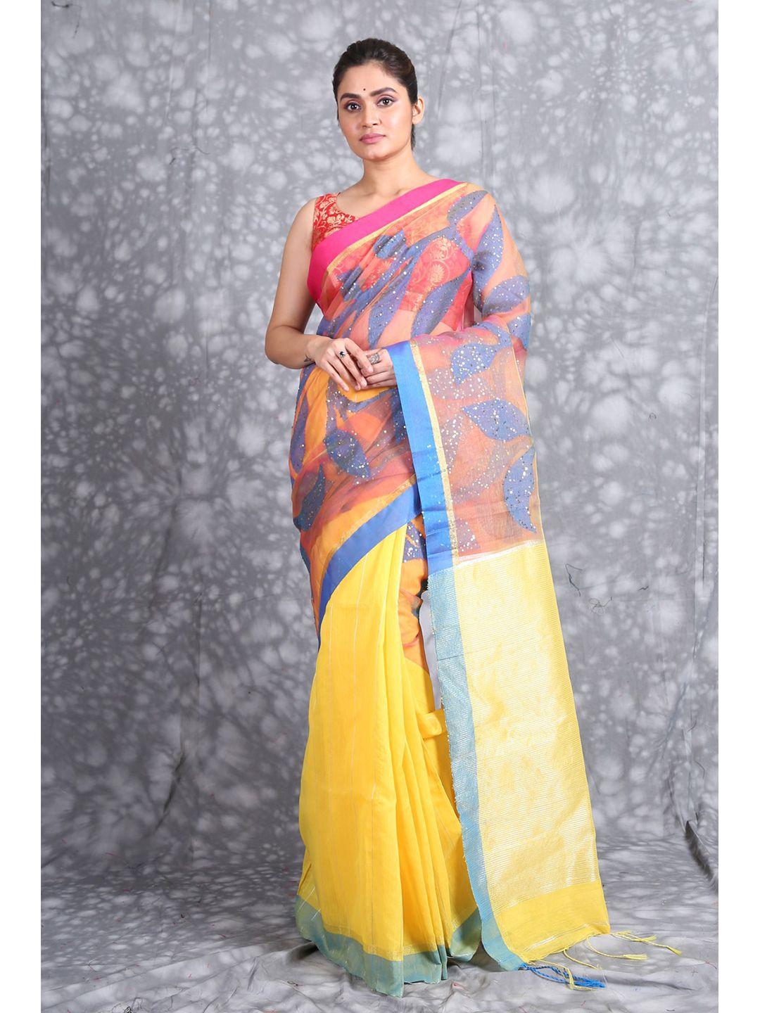 charukriti yellow & blue woven design zari pure silk saree