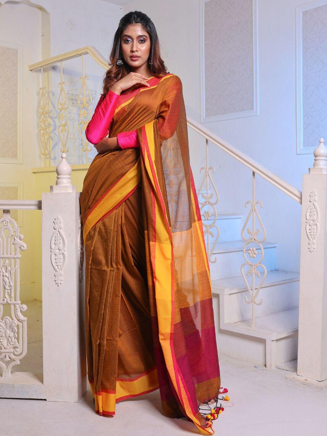 charukriti yellow & brown pure cotton saree