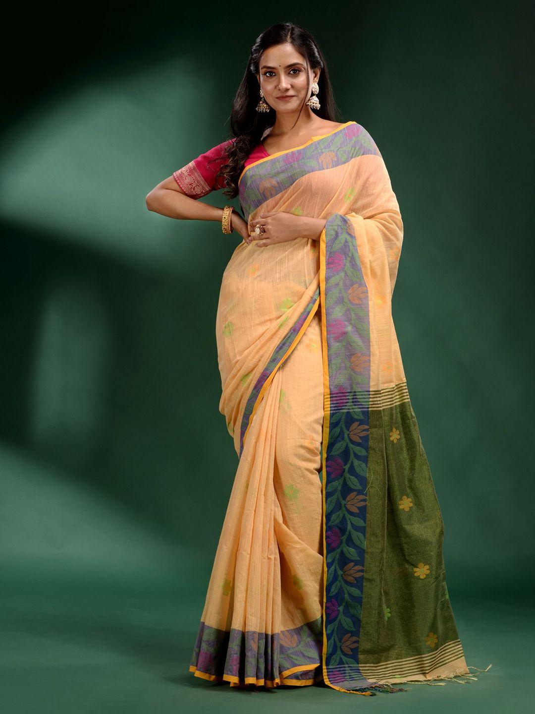 charukriti yellow & green floral tissue saree