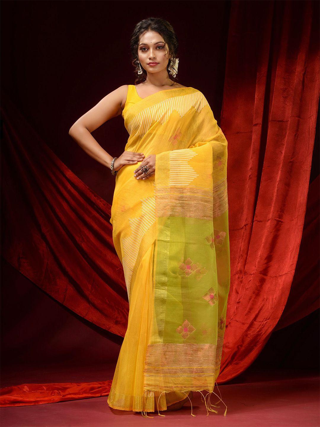 charukriti yellow & green floral zari linen blend saree