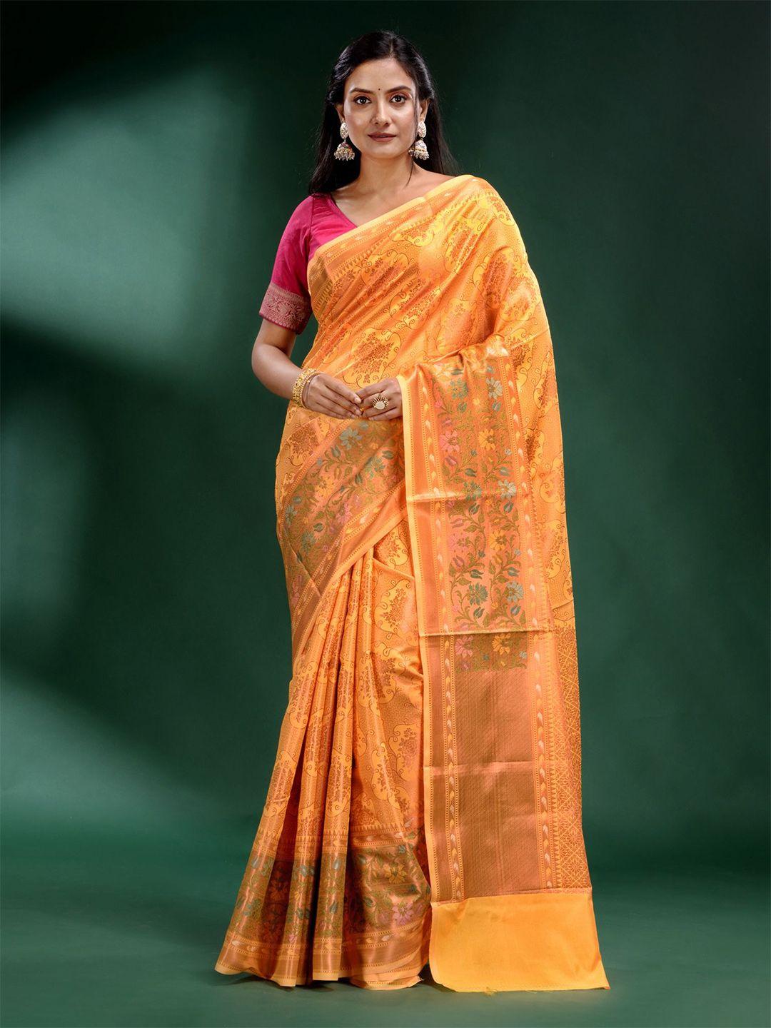 charukriti yellow & green woven design zari pure silk saree