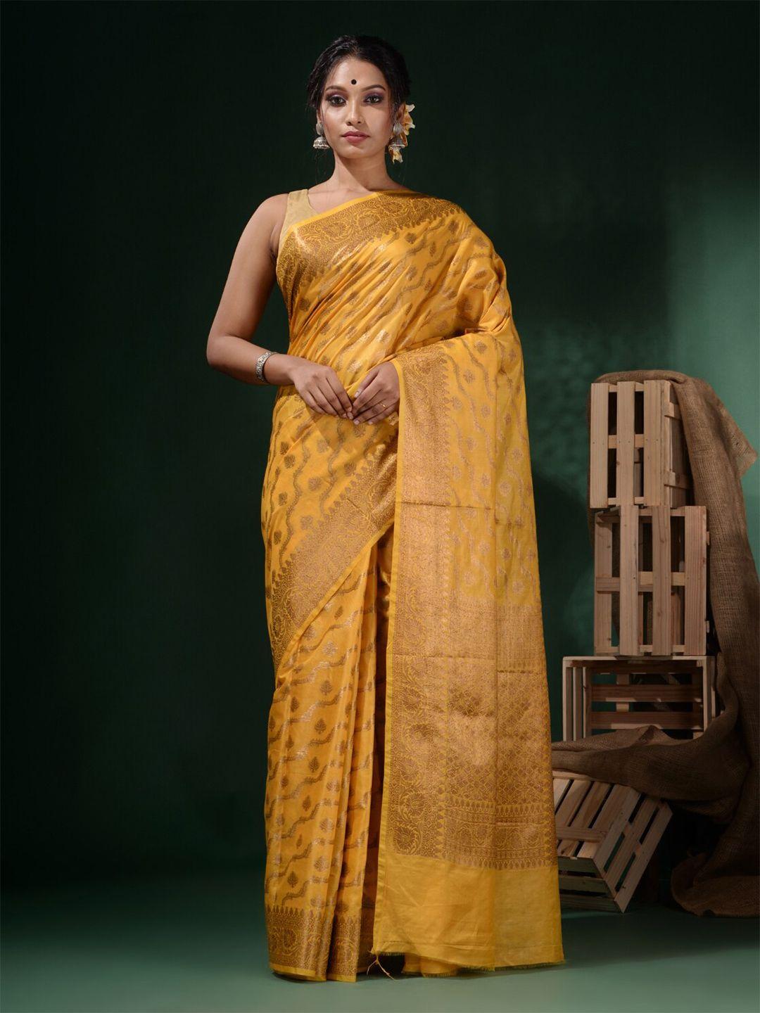 charukriti yellow & grey melange woven design zari silk blend saree