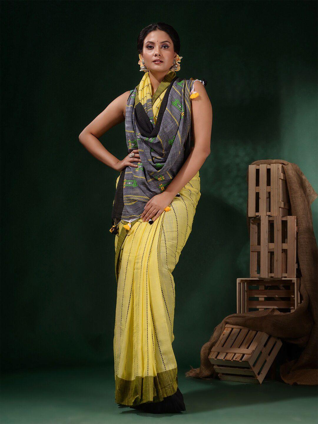 charukriti yellow & grey striped embroidered pure cotton saree