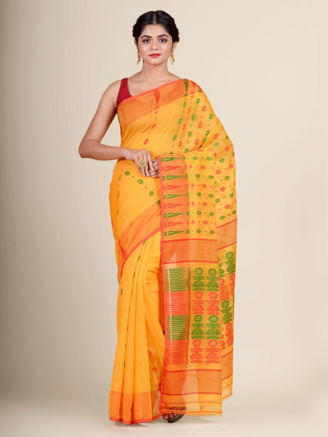 charukriti yellow & orange woven design silk cotton jamdani saree