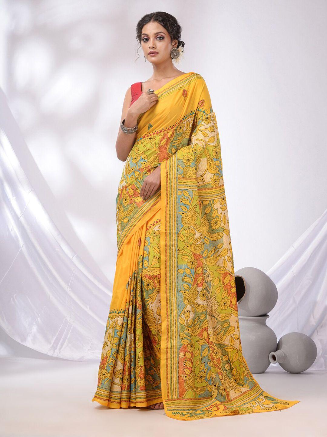 charukriti yellow & pink ethnic motifs kantha work silk blend saree