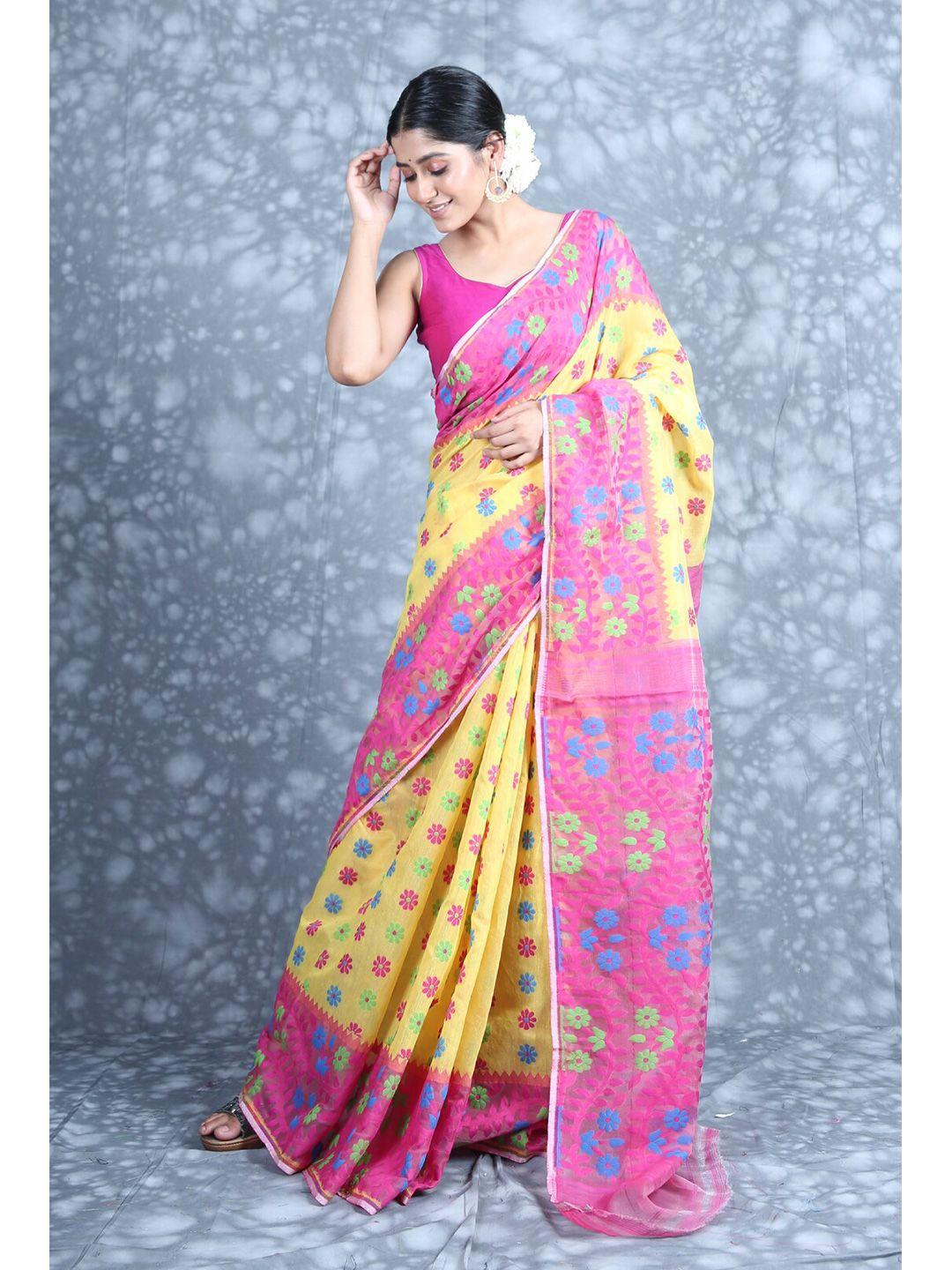 charukriti yellow & pink floral silk cotton jamdani saree