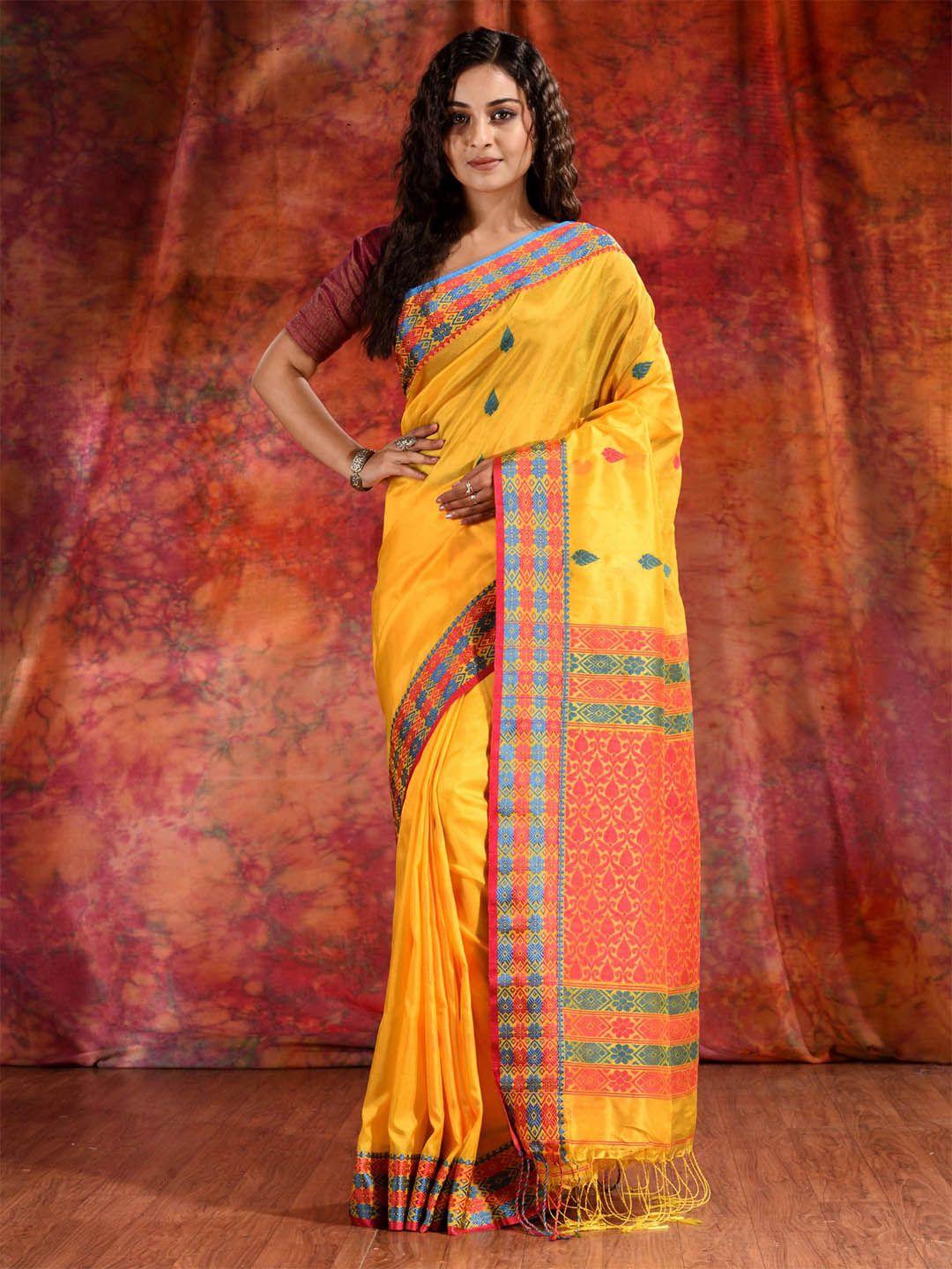 charukriti yellow & pink woven design silk blend saree