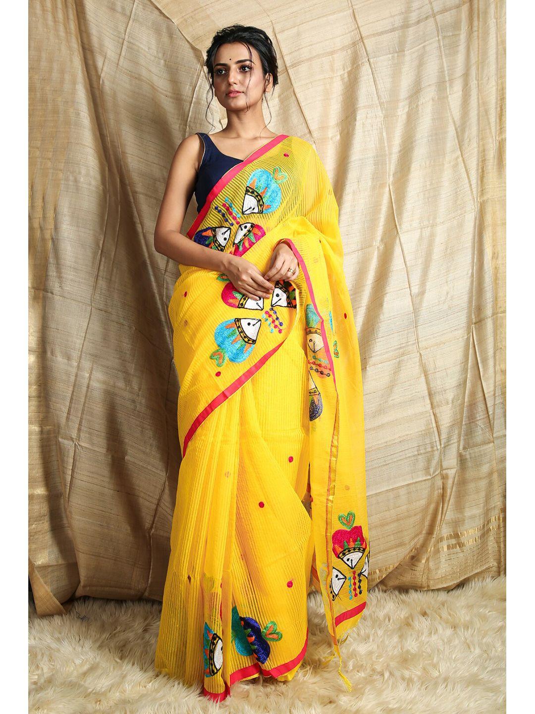 charukriti yellow & red embroidered saree