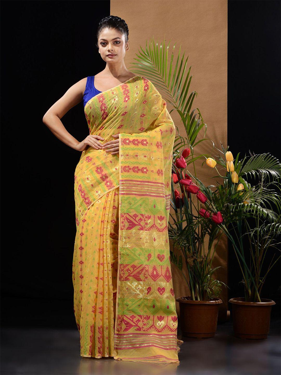 charukriti yellow & red ethnic motifs silk cotton jamdani saree