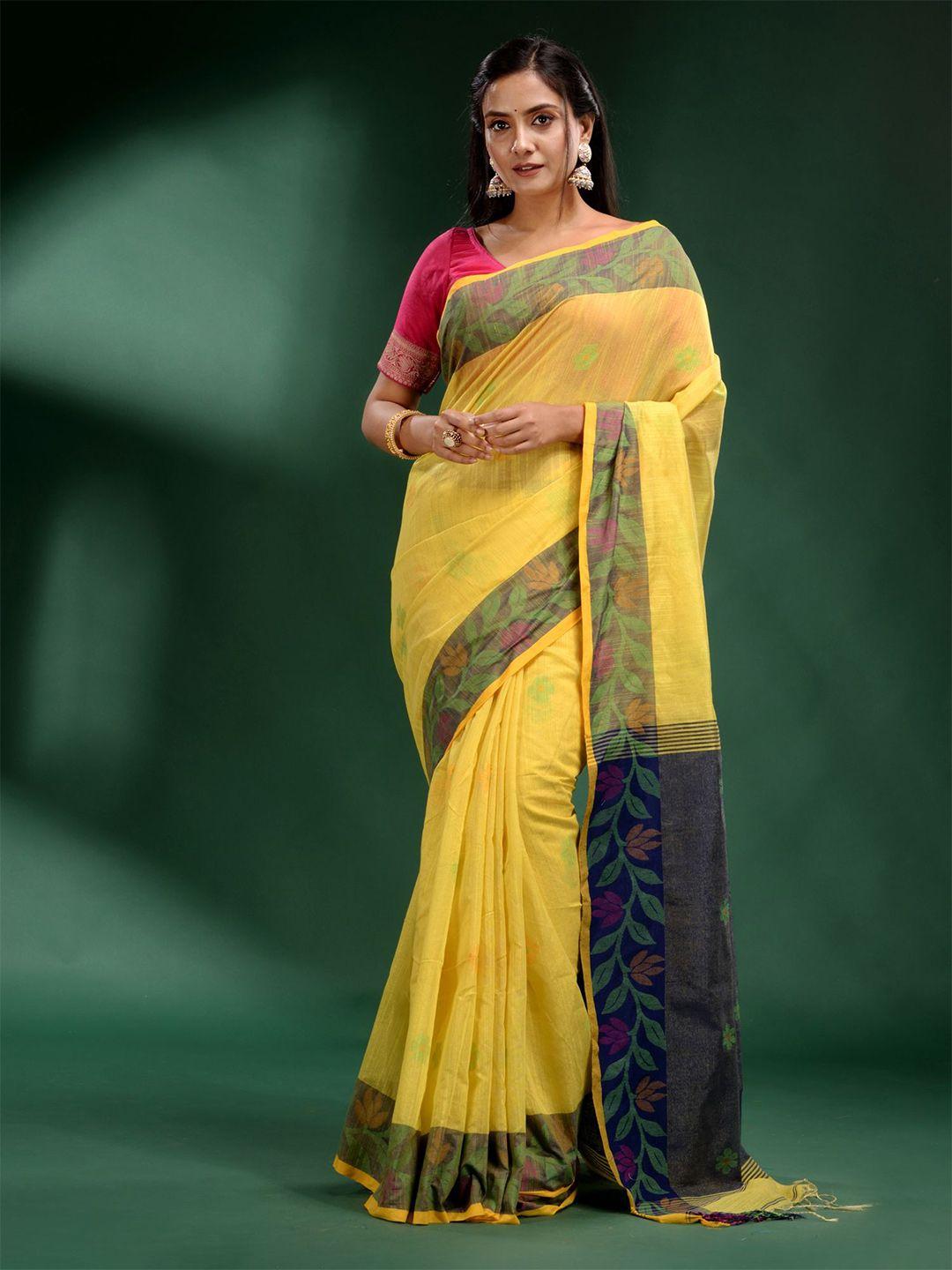 charukriti yellow and navy blue woven design tissue saree