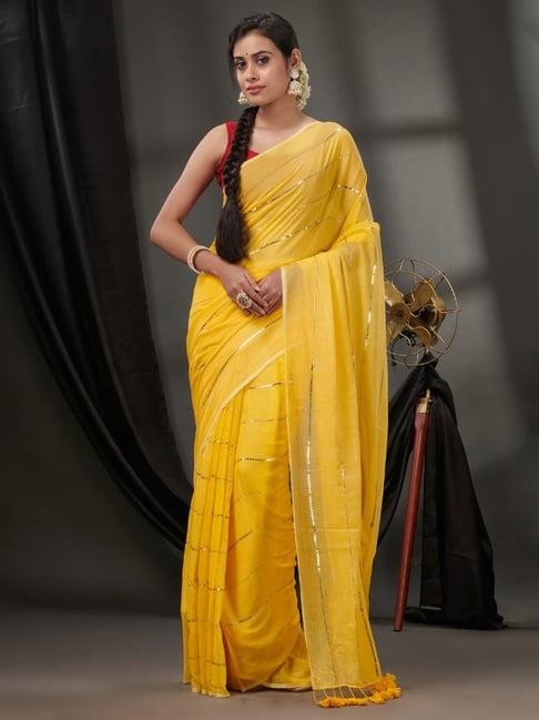 charukriti yellow cotton embellished saree