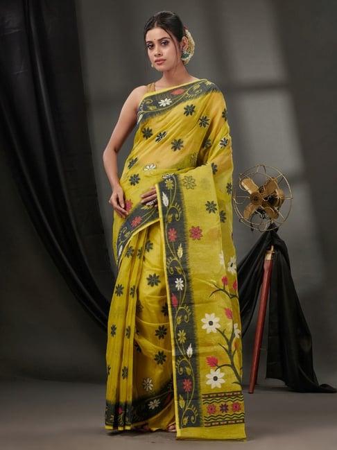 charukriti yellow cotton floral print saree