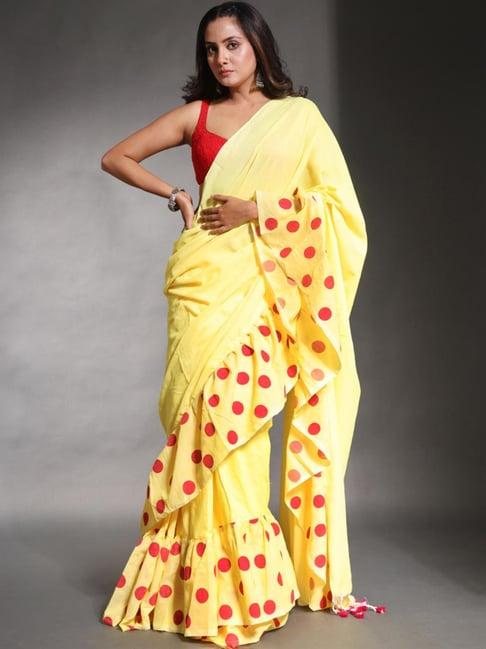 charukriti yellow cotton polka dots saree with unstitched blouse