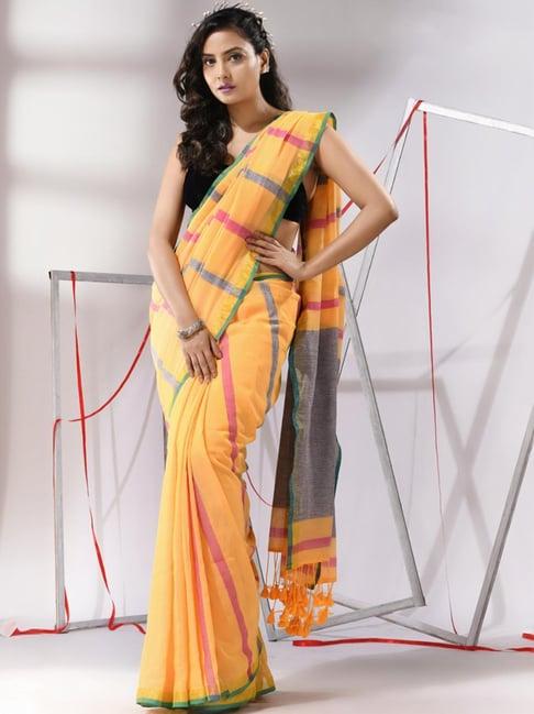 charukriti yellow cotton striped saree with unstitched blouse