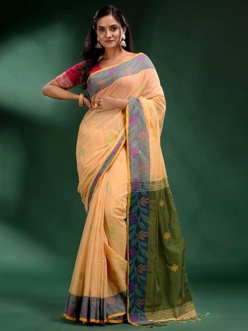 charukriti yellow embroidered saree with unstiched blouse