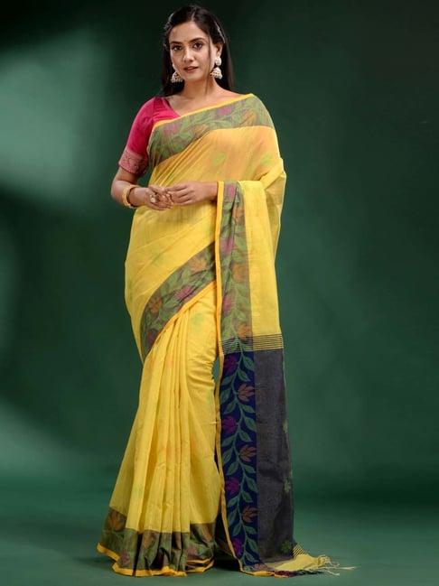 charukriti yellow embroidered saree with unstiched blouse