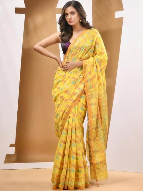 charukriti yellow floral print saree with unstitched blouse