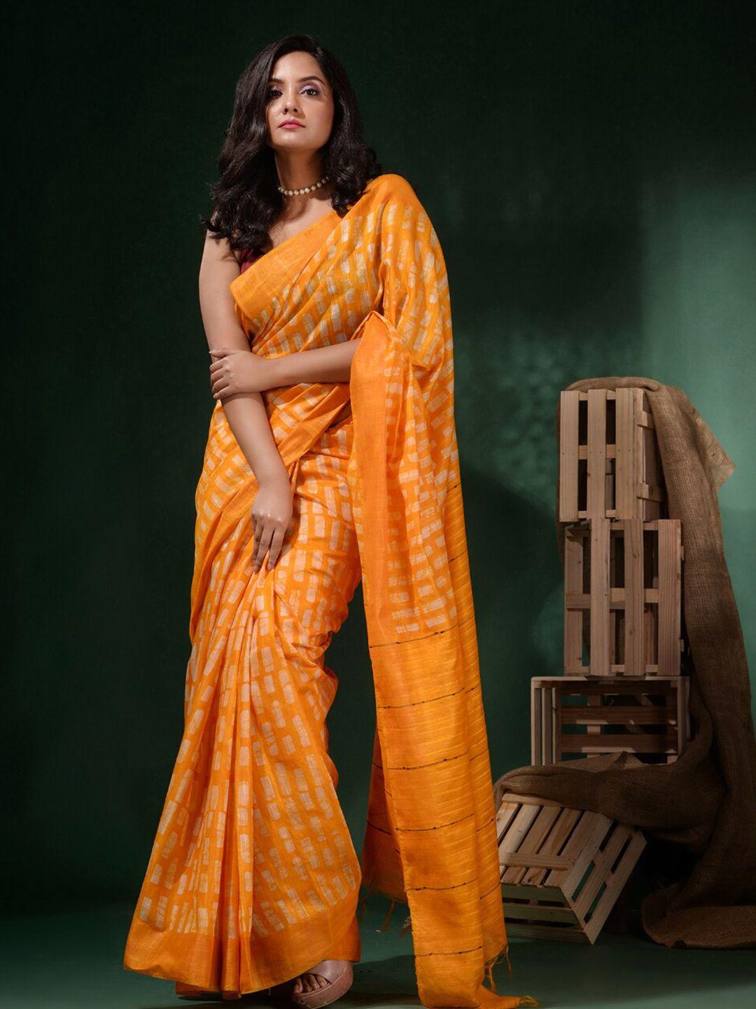 charukriti yellow silk blend block print saree