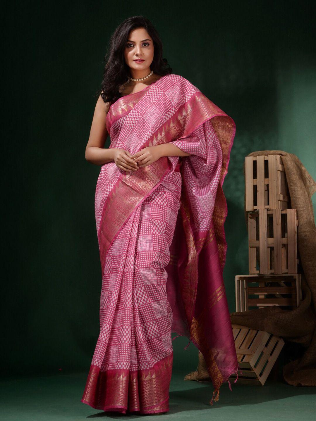 charukriti zari silk blend block print saree