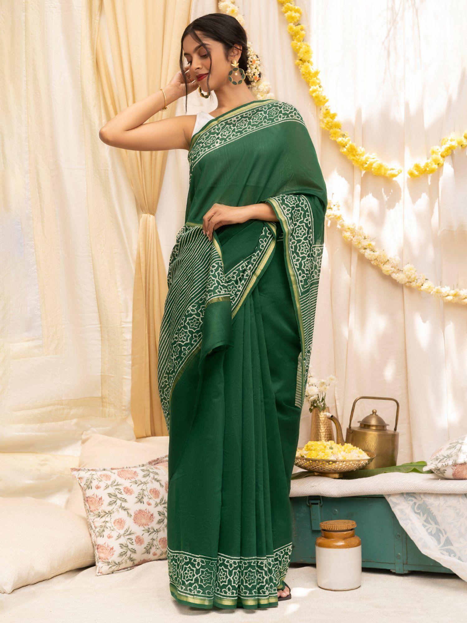 chayaa bottle green block print chanderi silk saree with unstitched blouse