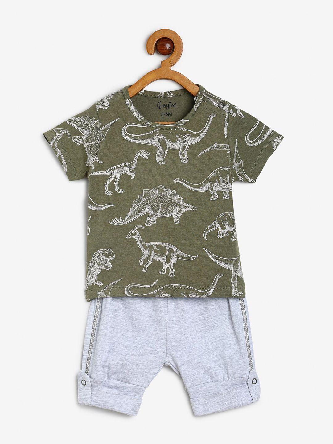 chayim unisex kids olive green & white printed t-shirt with shorts