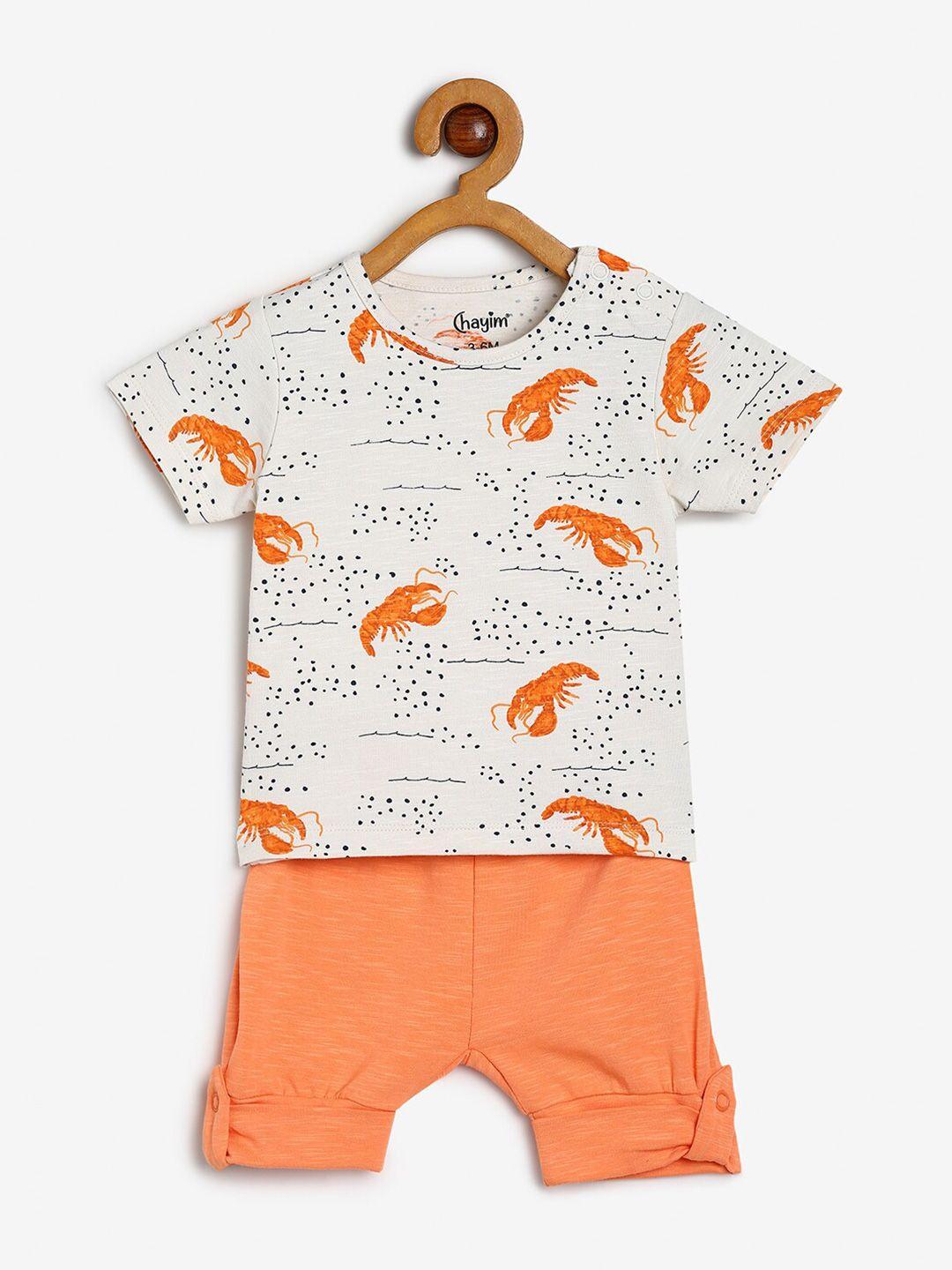 chayim unisex kids orange & white printed t-shirt with shorts