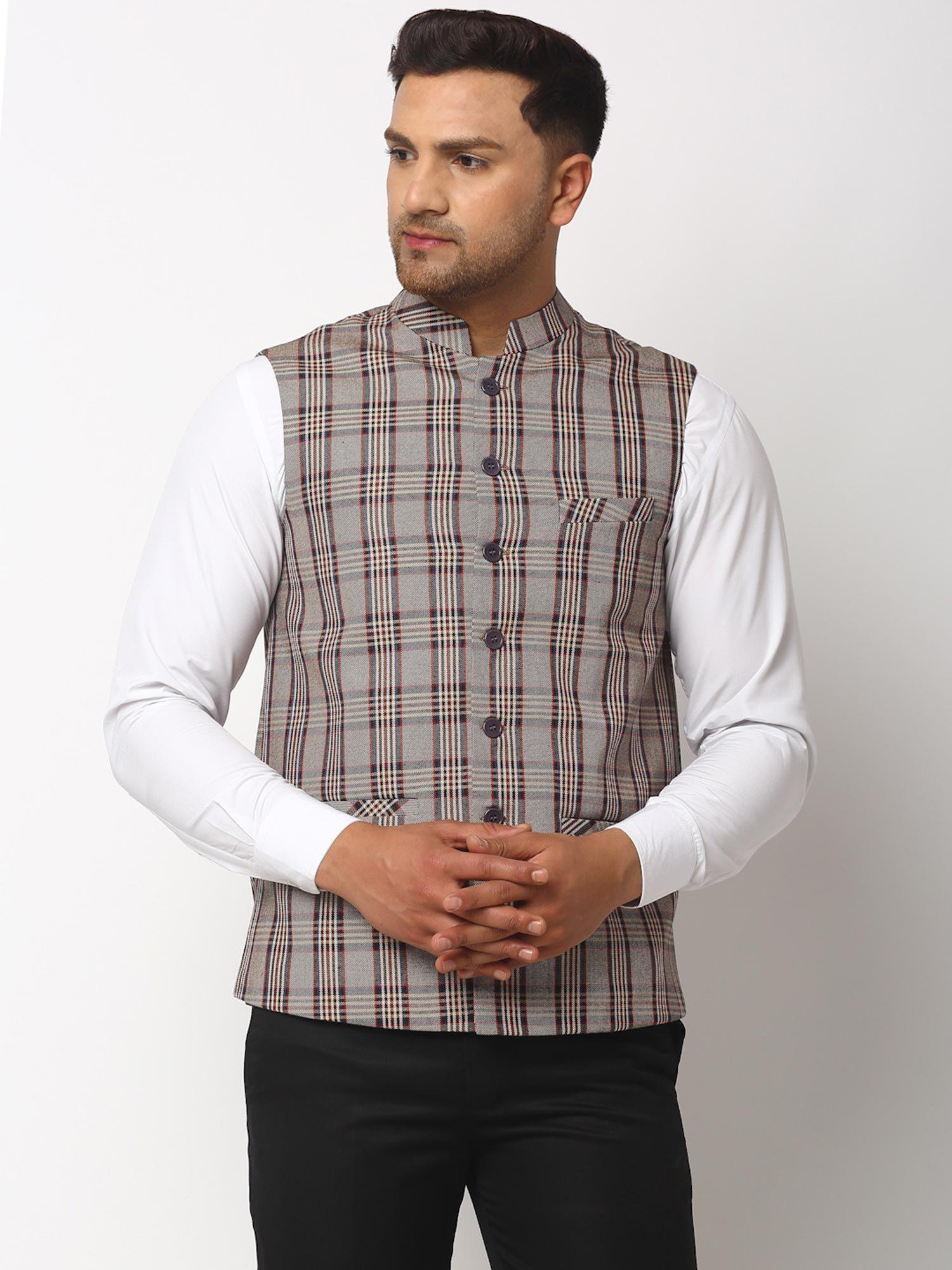 check wool nehru jacket- brown