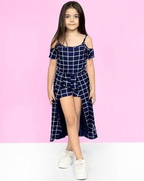 checked a-line dress with cold-shoulder