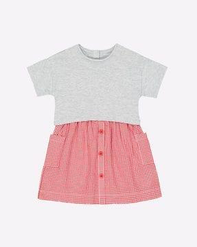 checked a-line dress with patch pockets