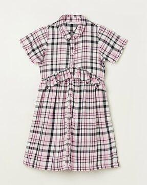 checked a-line dress with ruffled overlay