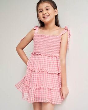 checked a-line dress with tie-ups