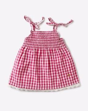 checked a-line strappy dress with shirring