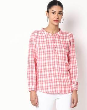 checked blouse with mandarin collar