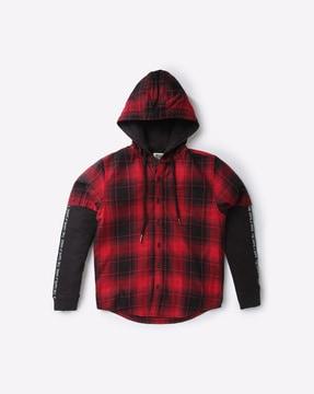 checked cotton hooded shirt