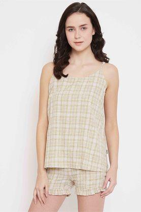 checked cotton regular fit womens night suit - natural