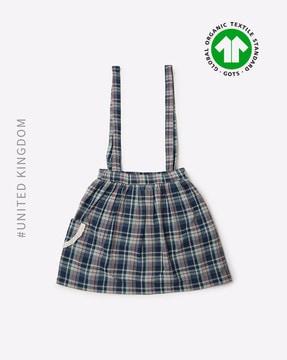 checked dungaree a-line skirt with patch pocket