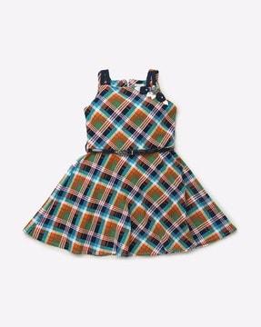 checked fit & flare dress with belt